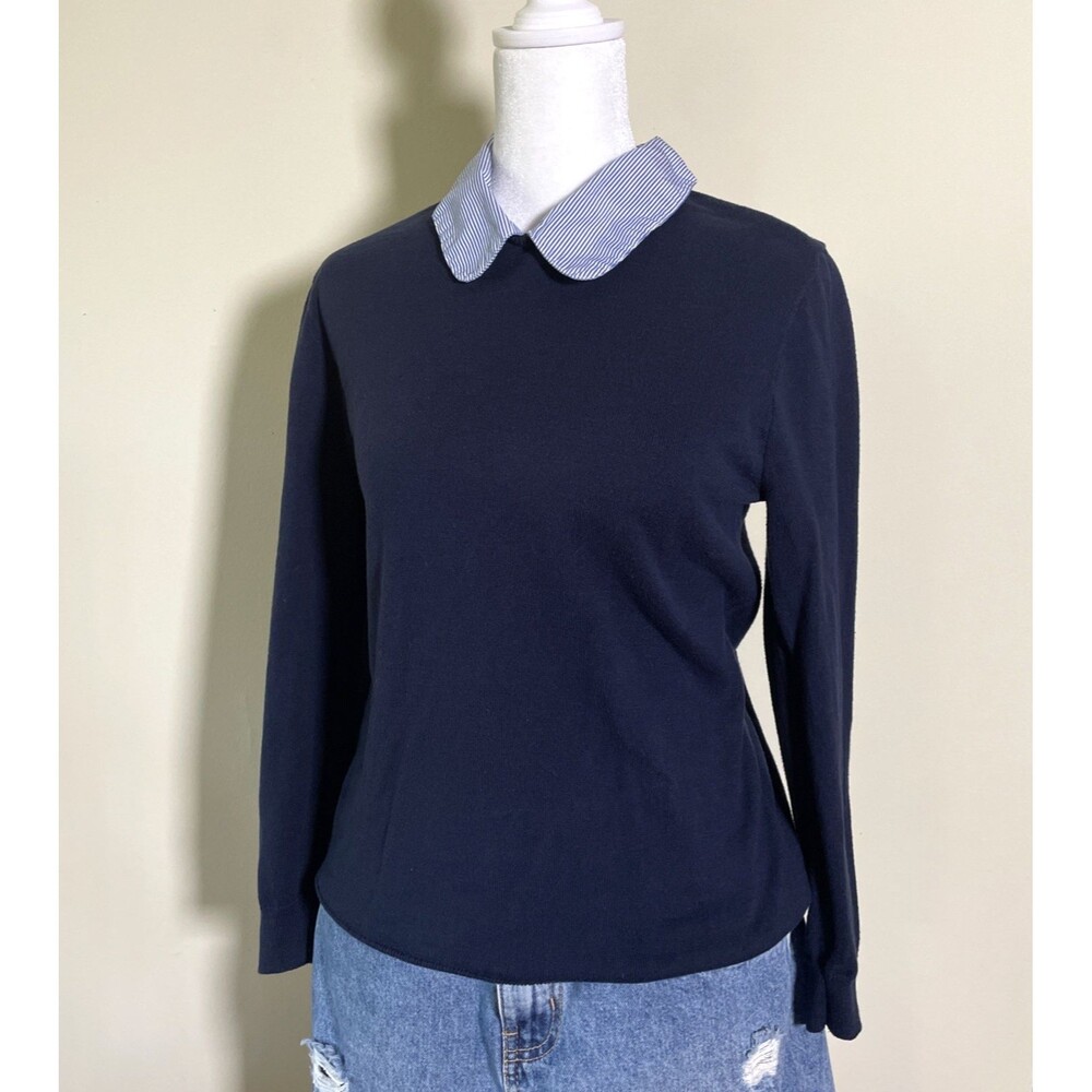 J.Crew Women's Blue Sweater With White Blue Striped Trim Collar Sz Small Preppy